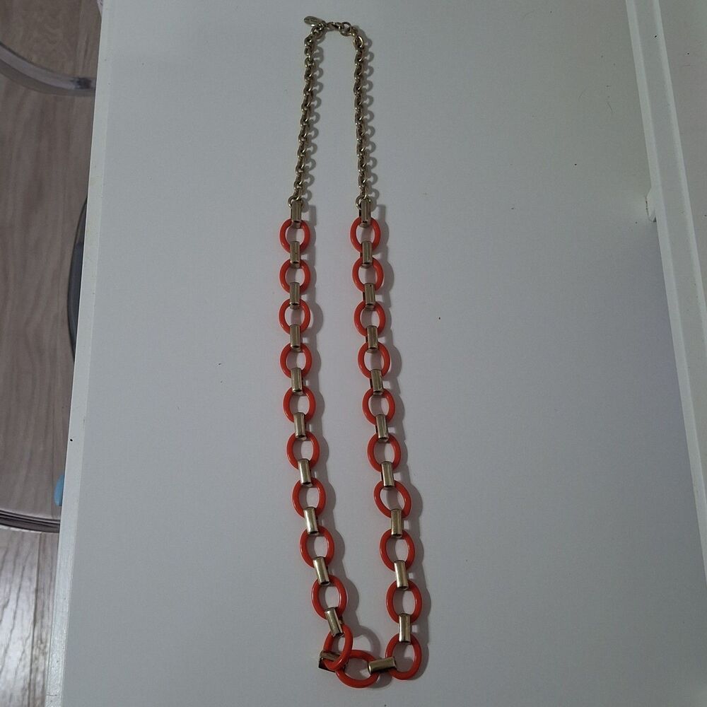 Ann Taylor Acrylic Neon Orange Gold Tone Chunky Chain Link Statement Necklace